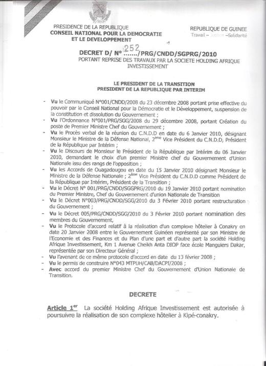 CONAKRY : Le projet de Khalifa Niasse bloqué par Dadis Camara était estimé à 10 milliards de FCfa ( Document )