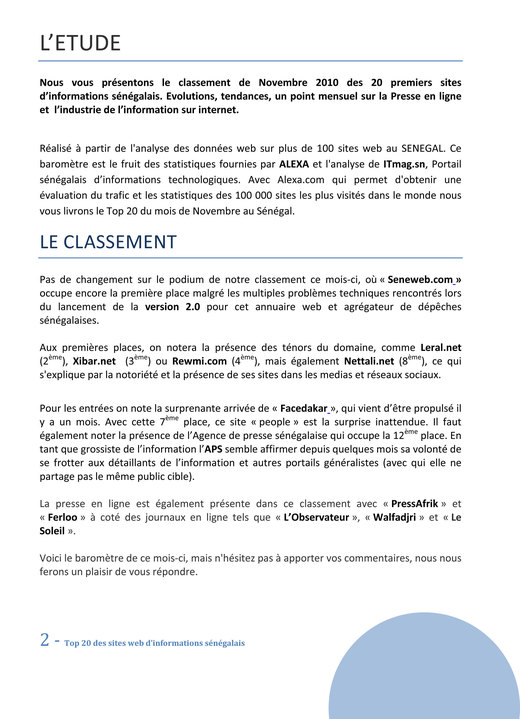 [Documents] Top 20 des sites web d’informations sénégalais: Seneweb.com et leral.net en tête du peloton.