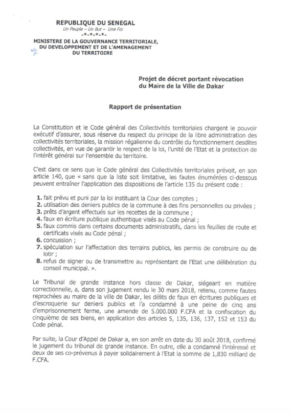 URGENT : Khalifa Sall révoqué de ses fonctions de Maire de Dakar par décret 2018-1701 (documents)