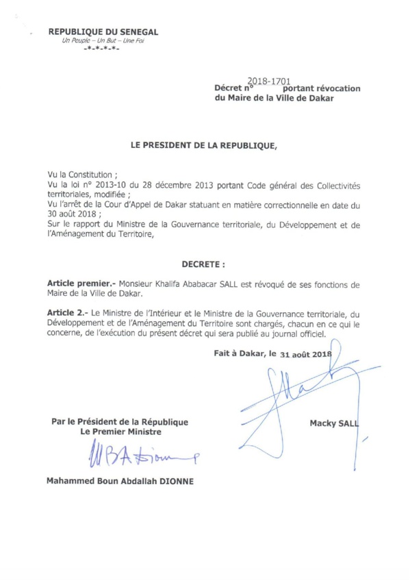 URGENT : Maire de la ville de Dakar, Khalifa Sall, rÃÂ©voquÃÂ© de ses fonctions de Maire de Dakar via dÃÂ©cret