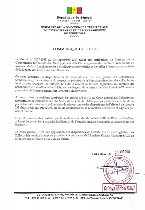 URGENT : Khalifa Sall révoqué de ses fonctions de Maire de Dakar par décret 2018-1701 (documents)