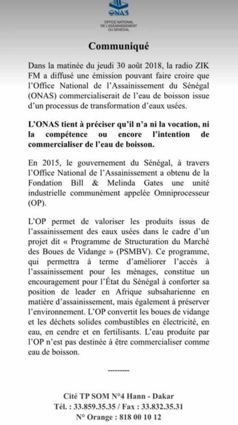 Le Sénégal n'a ni la vocation, ni la compétence de commercialiser de l'eau de boisson issue des eaux usées