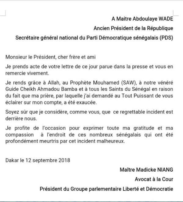 Réponse de Madické à Wade: "Soyez sûr que je considère, comme vous, que  ce regrettable incident est derrière nous"
