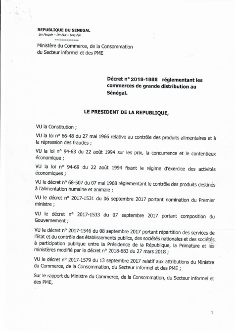  Décret 2018 1888 réglementant les commerces de grande distribution au Sénégal (document)