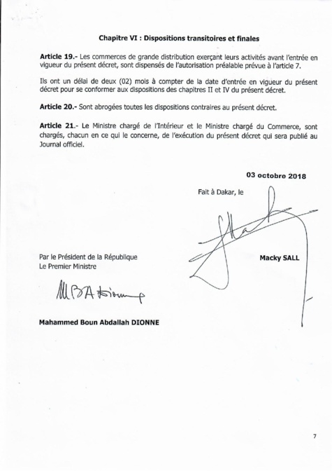  Décret 2018 1888 réglementant les commerces de grande distribution au Sénégal (document)