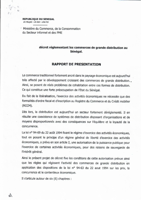 Rapport de présentation du Décret 2018 1888 réglementant les commerces de grande distribution au Sénégal (document)
