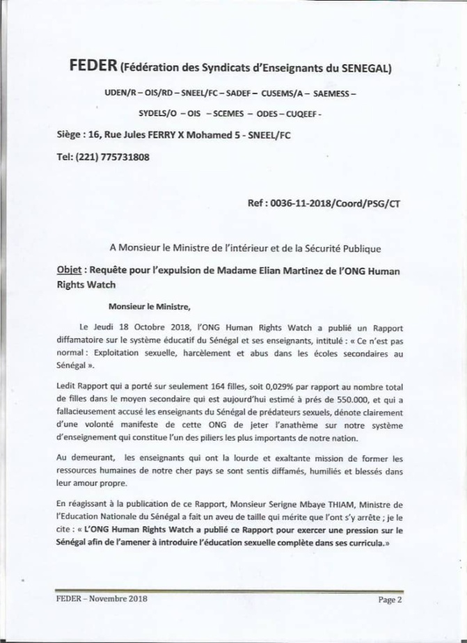 Rapport Human Rights Watch: Les enseignants demandent l'expulsion d'Elin Martinez