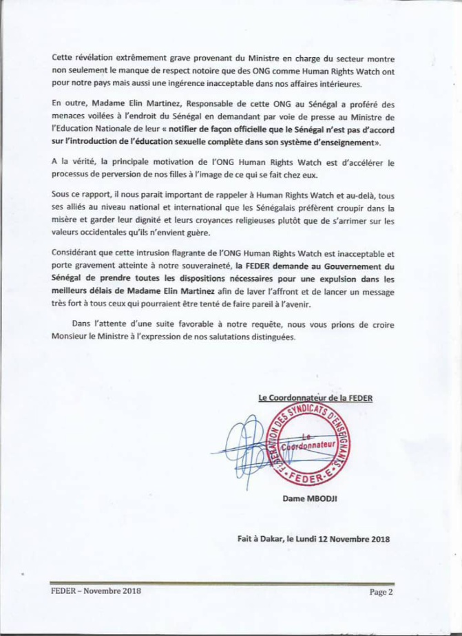 Rapport Human Rights Watch: Les enseignants demandent l'expulsion d'Elin Martinez