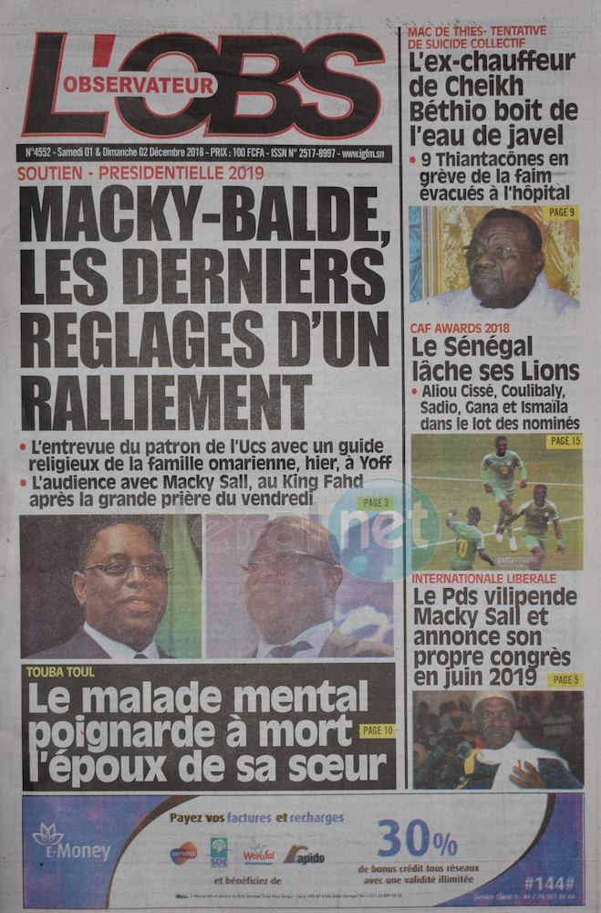 Les UNES des journaux du samedi 01 décembre 2018 www.leral.net