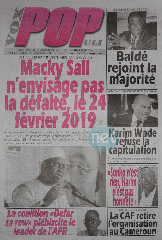 Les UNES des journaux du samedi 01 décembre 2018 www.leral.net