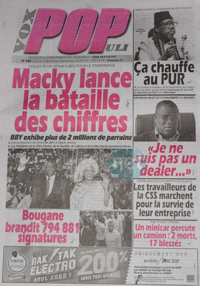 Voici les UNES des journaux du lundi 03 Décembre 2018 www.leral.net