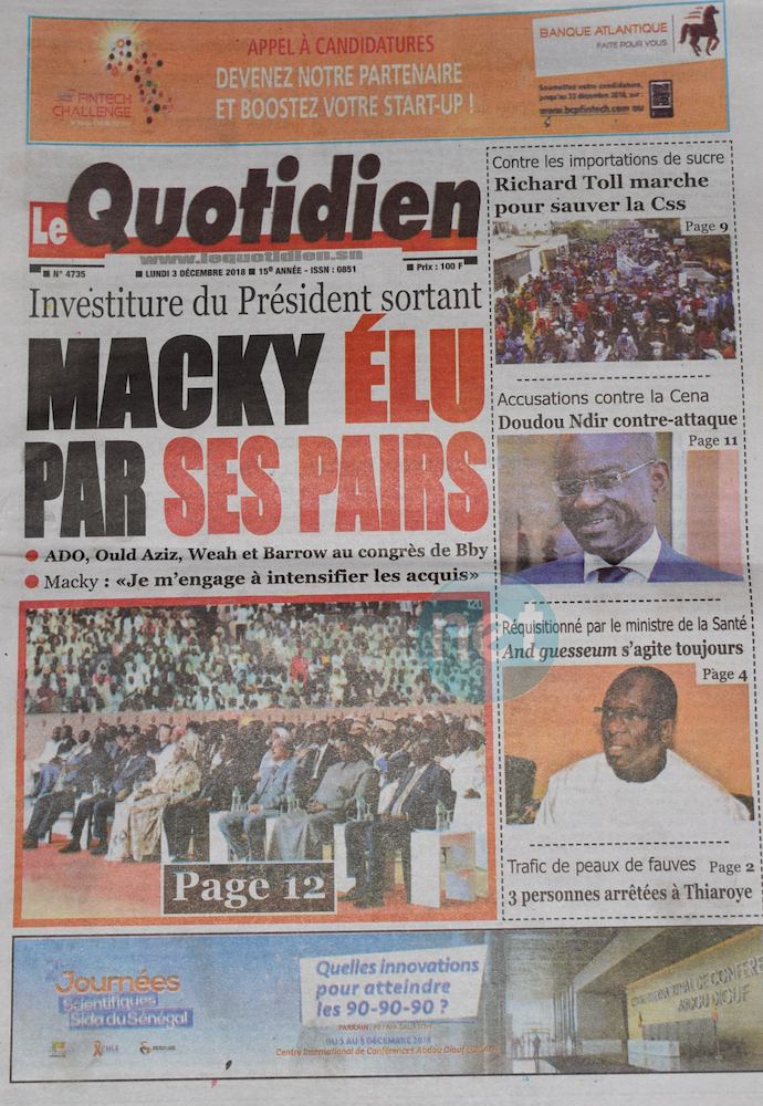 Voici les UNES des journaux du lundi 03 Décembre 2018 www.leral.net