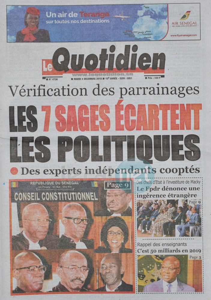 Voici les UNES des journaux du mardi 04 Décembre 2018 www.leral.net