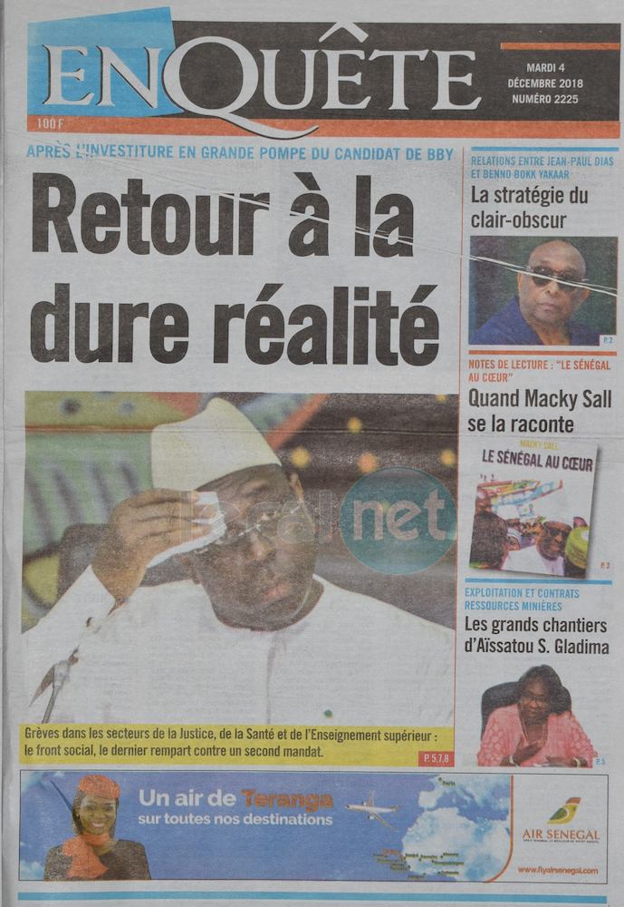Voici les UNES des journaux du mardi 04 Décembre 2018 www.leral.net