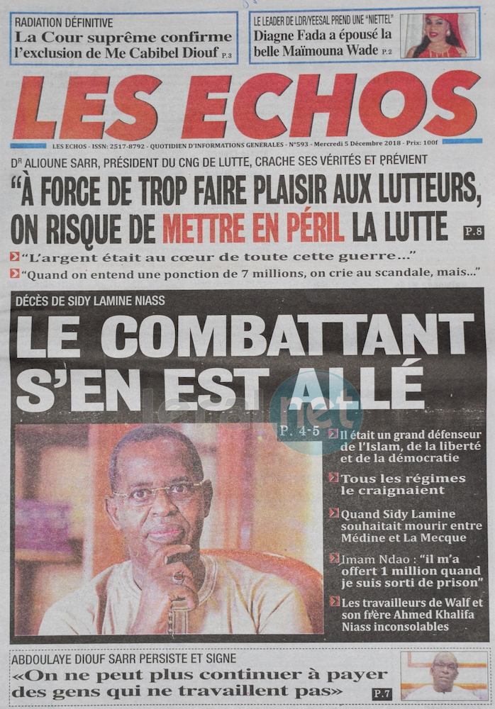 Voici les UNES des journaux du mercredi 05 Décembre 2018 www.leral.net