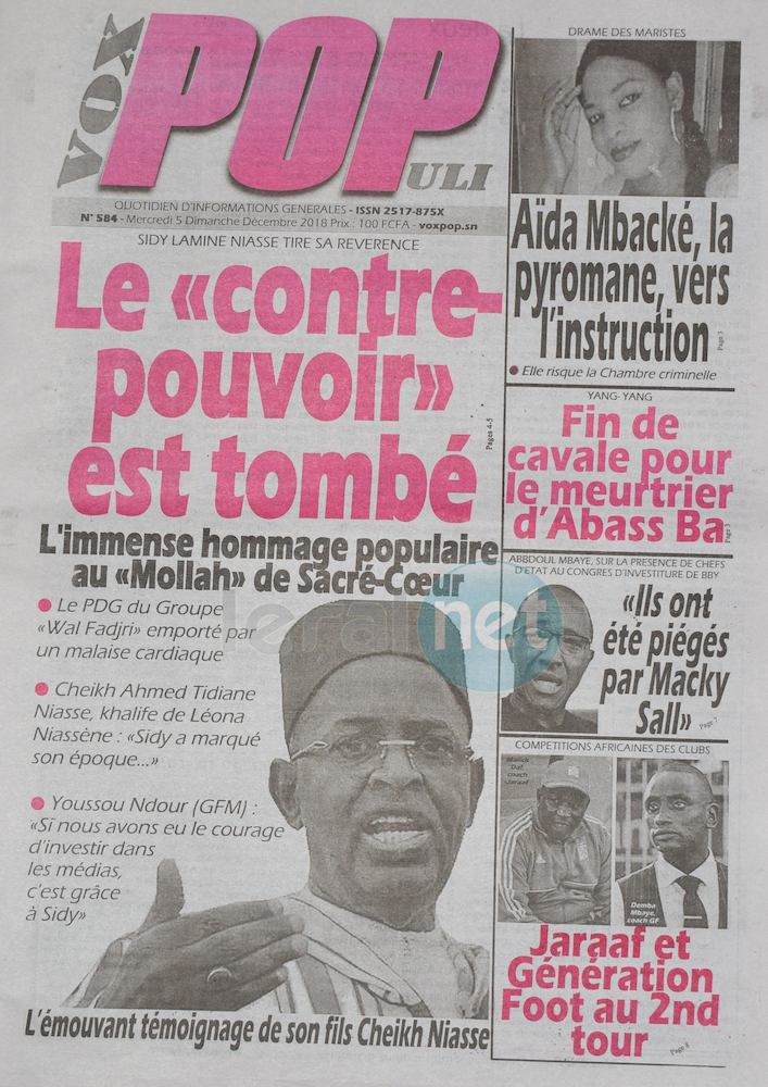 Voici les UNES des journaux du mercredi 05 Décembre 2018 www.leral.net