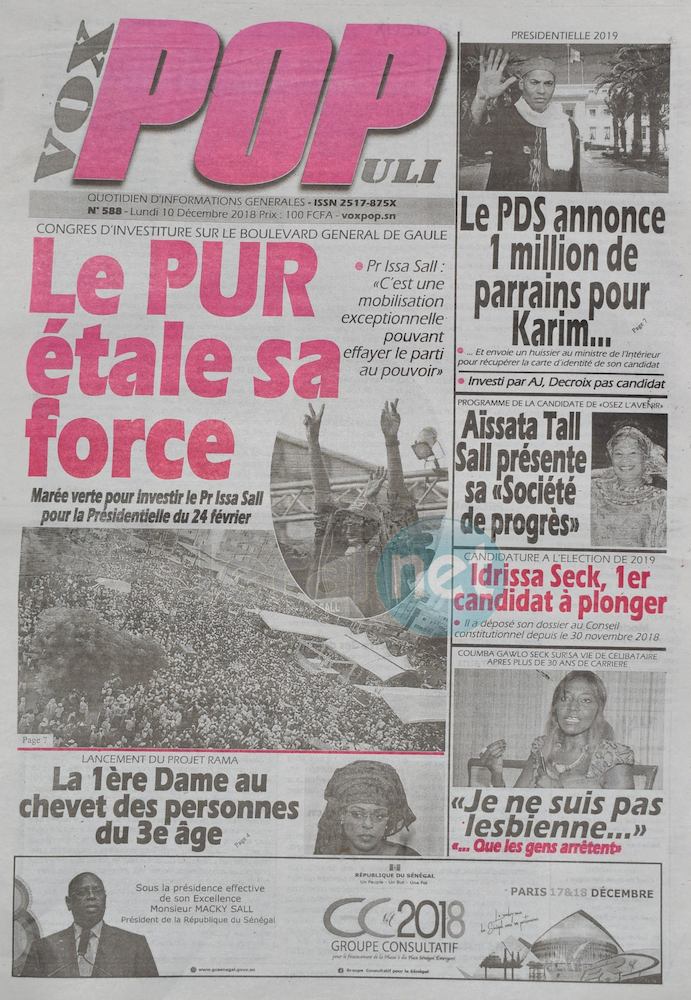 Voici les UNES des journaux du lundi 10 Décembre 2018 www.leral.net