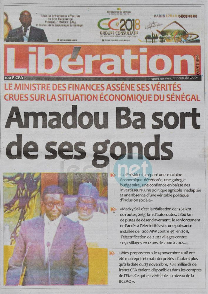 Voici les UNES des journaux du lundi 10 Décembre 2018 www.leral.net