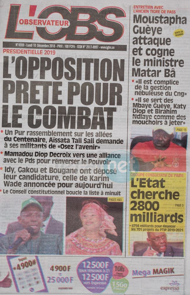 Voici les UNES des journaux du lundi 10 Décembre 2018 www.leral.net