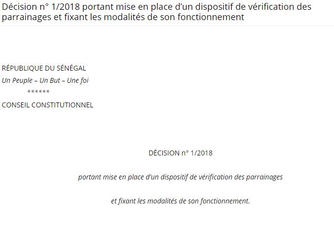 Décision n°1/2018 portant mise en place d'un dispositif de vérification des parrainages et fixant les modalités de son fonctionnement (document) Décision n°1/2018 portant mise en place d'un dispositif de vérification des parrainages et fixant les modalités de son fonctionnement (document)