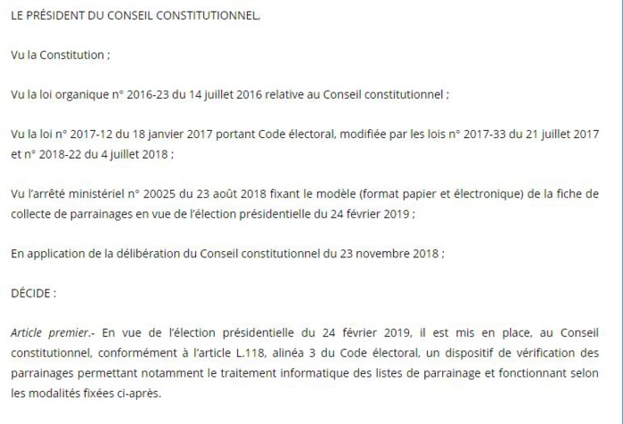 Décision n°1/2018 portant mise en place d'un dispositif de vérification des parrainages et fixant les modalités de son fonctionnement (document)