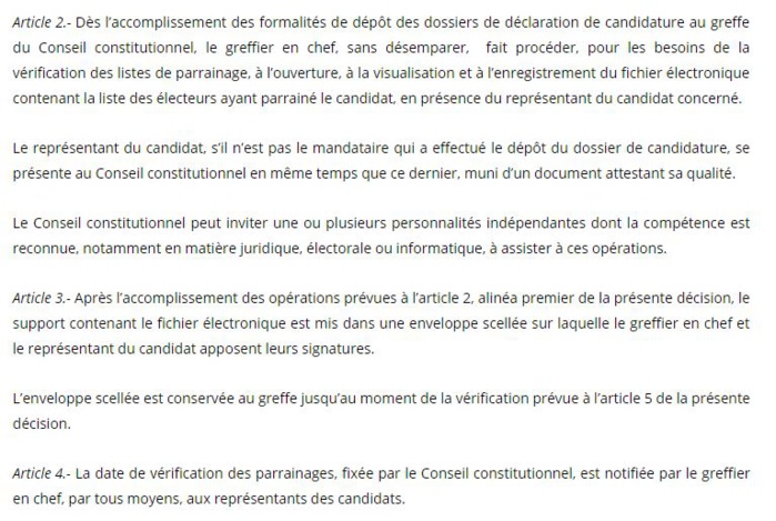 Décision n°1/2018 portant mise en place d'un dispositif de vérification des parrainages et fixant les modalités de son fonctionnement (document)