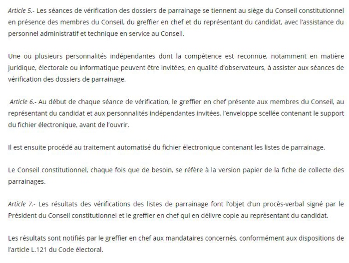 Décision n°1/2018 portant mise en place d'un dispositif de vérification des parrainages et fixant les modalités de son fonctionnement (document)