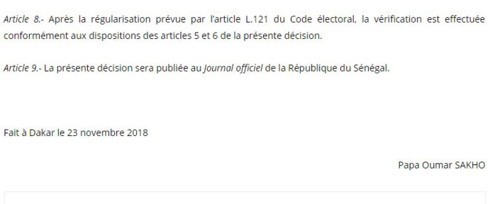 Décision n°1/2018 portant mise en place d'un dispositif de vérification des parrainages et fixant les modalités de son fonctionnement (document)