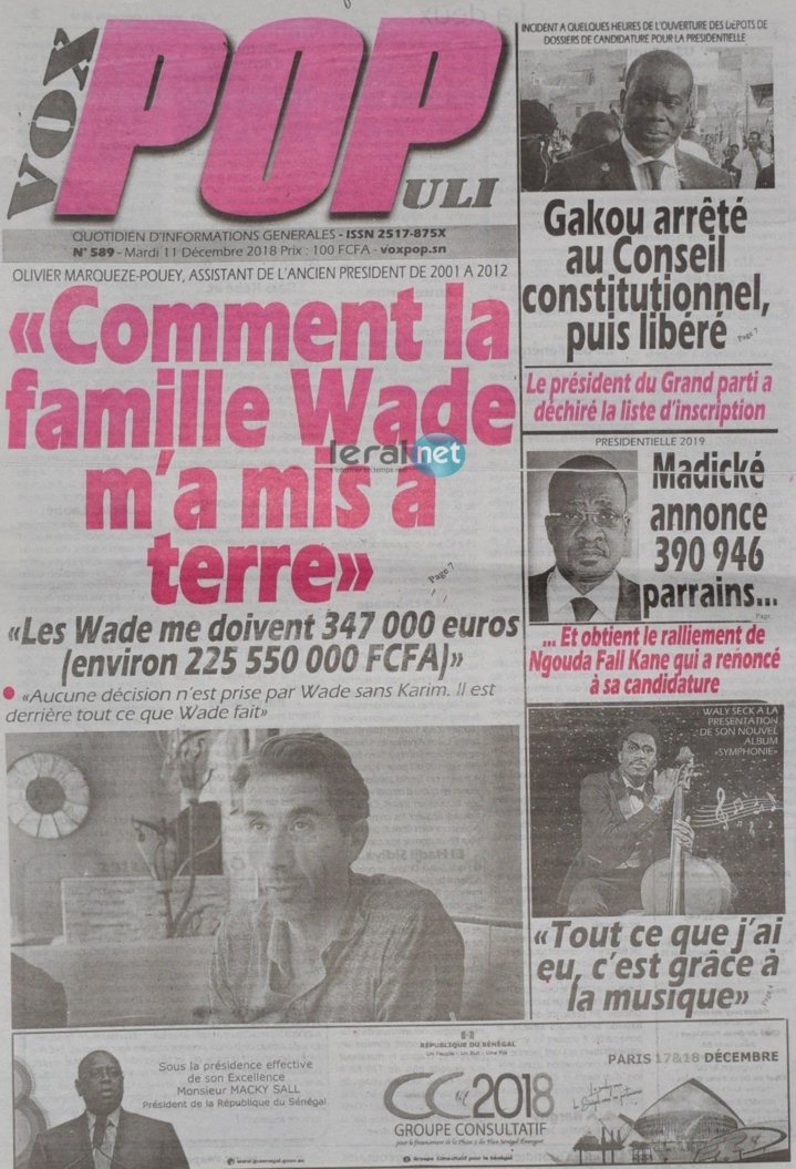 Voici les UNES des journaux du mardi 11 décembre 2018 www.leral.net