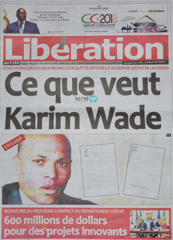 Voici les UNES des journaux du mardi 11 décembre 2018 www.leral.net