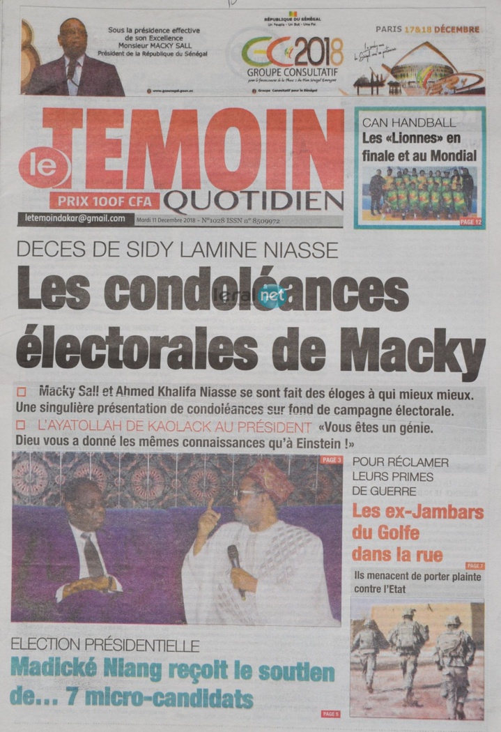 Voici les UNES des journaux du mardi 11 décembre 2018 www.leral.net