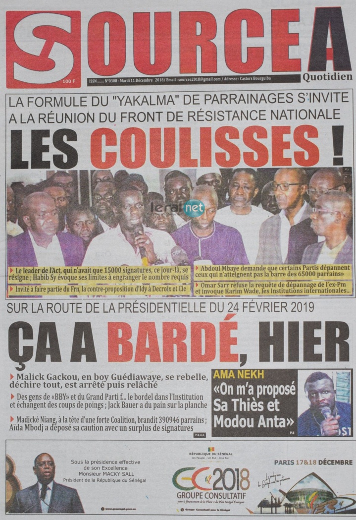 Voici les UNES des journaux du mardi 11 décembre 2018 www.leral.net