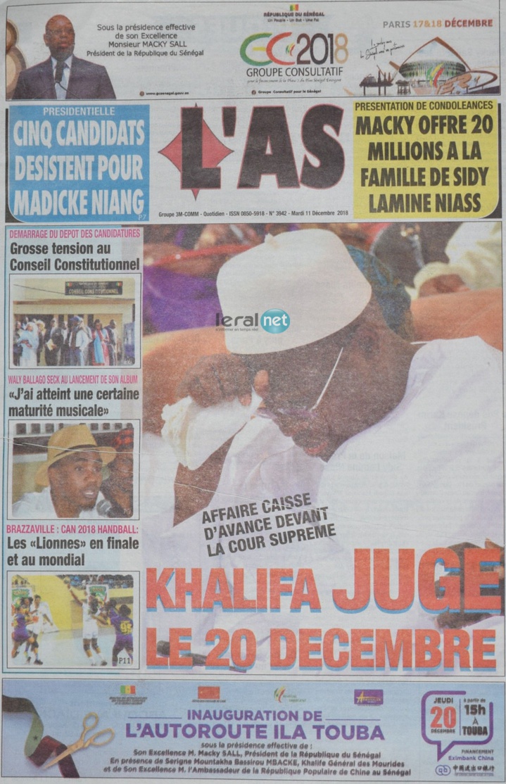 Voici les UNES des journaux du mardi 11 décembre 2018 www.leral.net