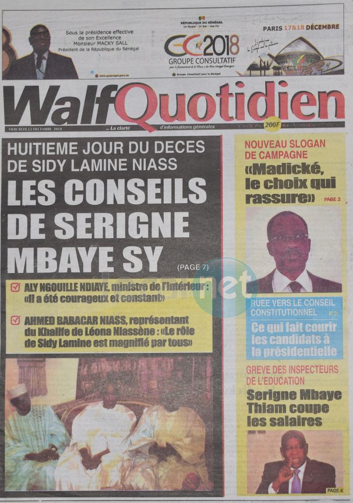Voici les UNES des journaux du mercredi 12 Décembre 2018 www.leral.net