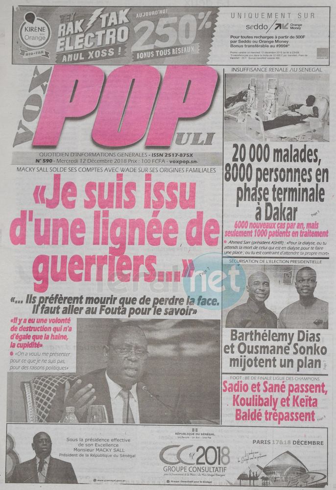 Voici les UNES des journaux du mercredi 12 Décembre 2018 www.leral.net