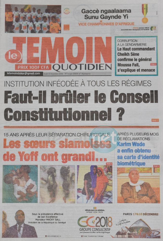 Voici les UNES des journaux du jeudi 13 décembre 2018 www.leral.net