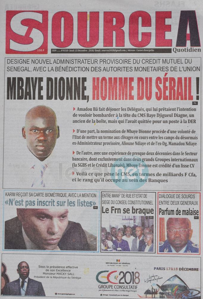Voici les UNES des journaux du jeudi 13 décembre 2018 www.leral.net