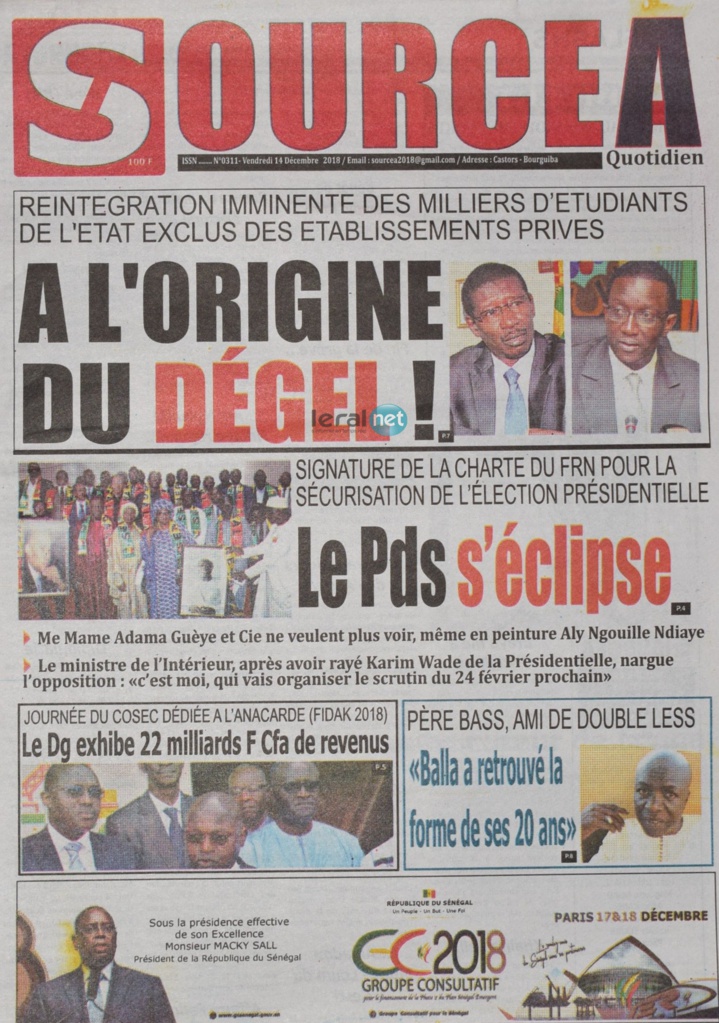 Voici les UNES des journaux du vendredi 14 décembre 2018 www.leral.net