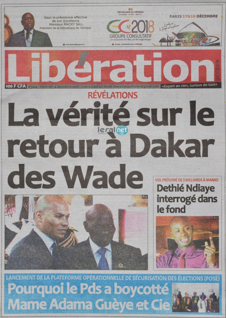 Voici les UNES des journaux du vendredi 14 décembre 2018 www.leral.net