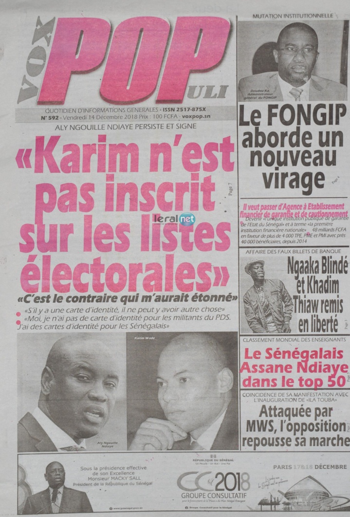 Voici les UNES des journaux du vendredi 14 décembre 2018 www.leral.net