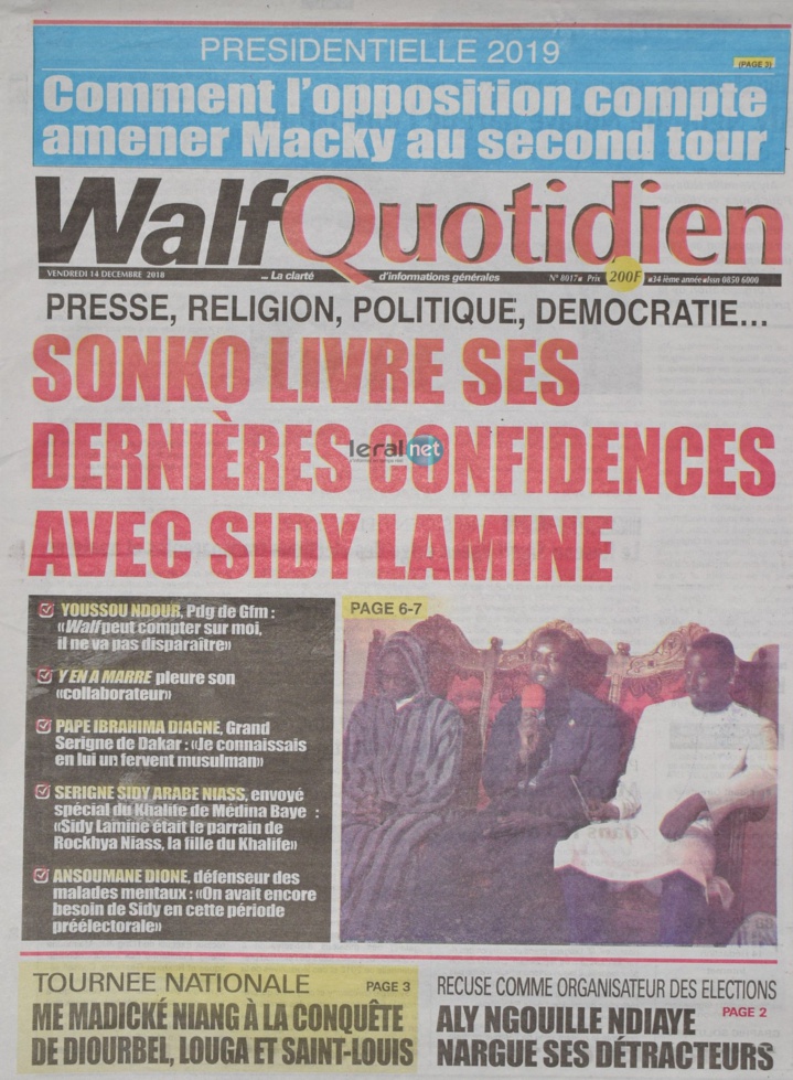 Voici les UNES des journaux du vendredi 14 décembre 2018 www.leral.net
