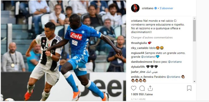Cristiano Ronaldo prend la défense de Kalidou Koulibaly et fustige le racisme