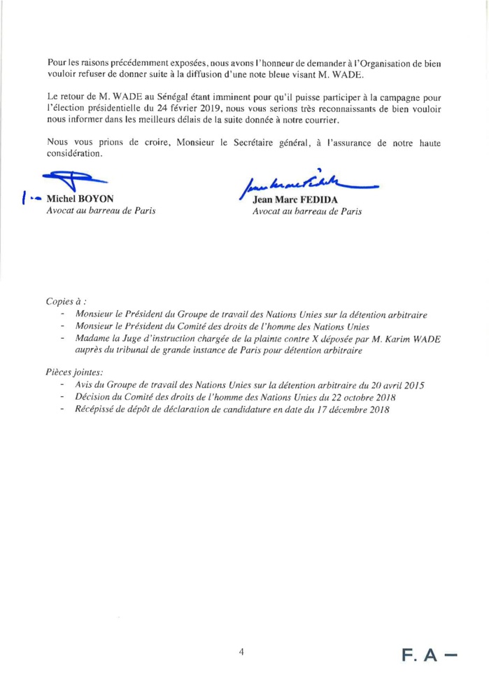URGENT : La lettre des avocats de Karim Wade à Interpol
