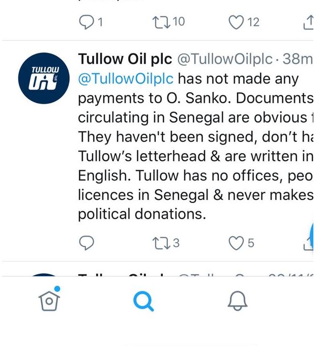 Démenti officiel sur Twitter : " Tullow Oil PLC n'a effectué aucun paiement à Ousmane Sonko, les documents sonts des faux évidents" (Document) Démenti officiel sur Twitter : " Tullow Oil PLC n'a effectué aucun paiement à Ousmane Sonko, les documents sonts des faux évidents" (Document)