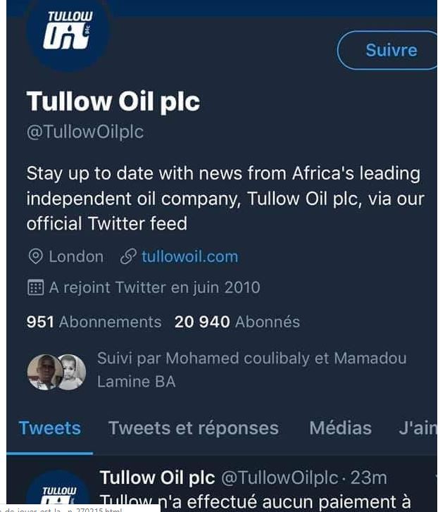Démenti officiel sur Twitter : " Tullow Oil PLC n'a effectué aucun paiement à Ousmane Sonko, les documents sonts des faux évidents" (Document) Démenti officiel sur Twitter : " Tullow Oil PLC n'a effectué aucun paiement à Ousmane Sonko, les documents sonts des faux évidents" (Document)
