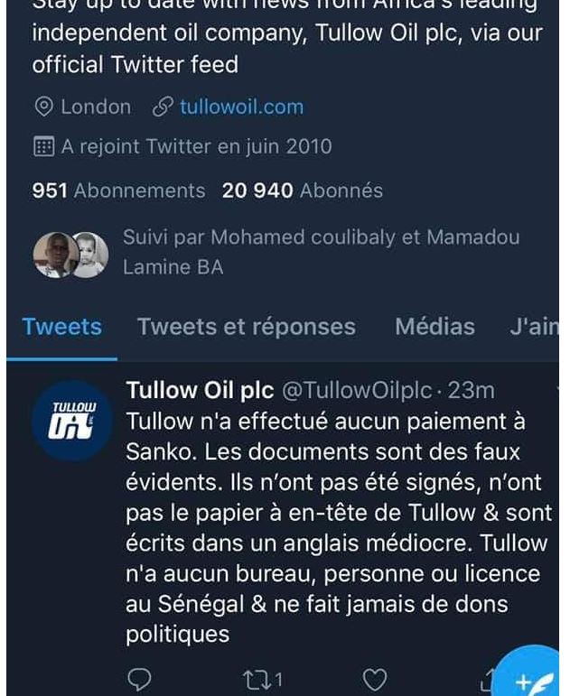 Démenti officiel sur Twitter : " Tullow Oil PLC n'a effectué aucun paiement à Ousmane Sonko, les documents sonts des faux évidents" (Document) Démenti officiel sur Twitter : " Tullow Oil PLC n'a effectué aucun paiement à Ousmane Sonko, les documents sonts des faux évidents" (Document)