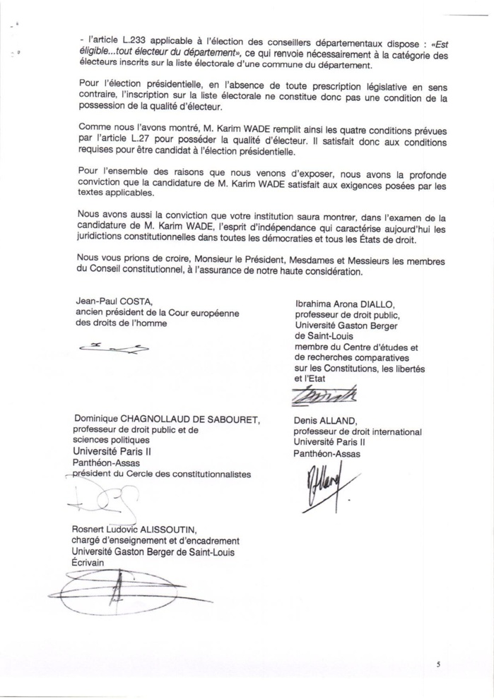 Candidature de Karim Wade: D’éminents juristes nationaux et internationaux écrivent au conseil constitutionnel Candidature de Karim Wade: D’éminents juristes nationaux et internationaux écrivent au conseil constitutionnel