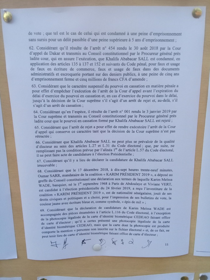 Rejet des candidatures de Khalifa Sall et de Karim Wade: Voici les motifs avancés par le Conseil Constitutionnel
