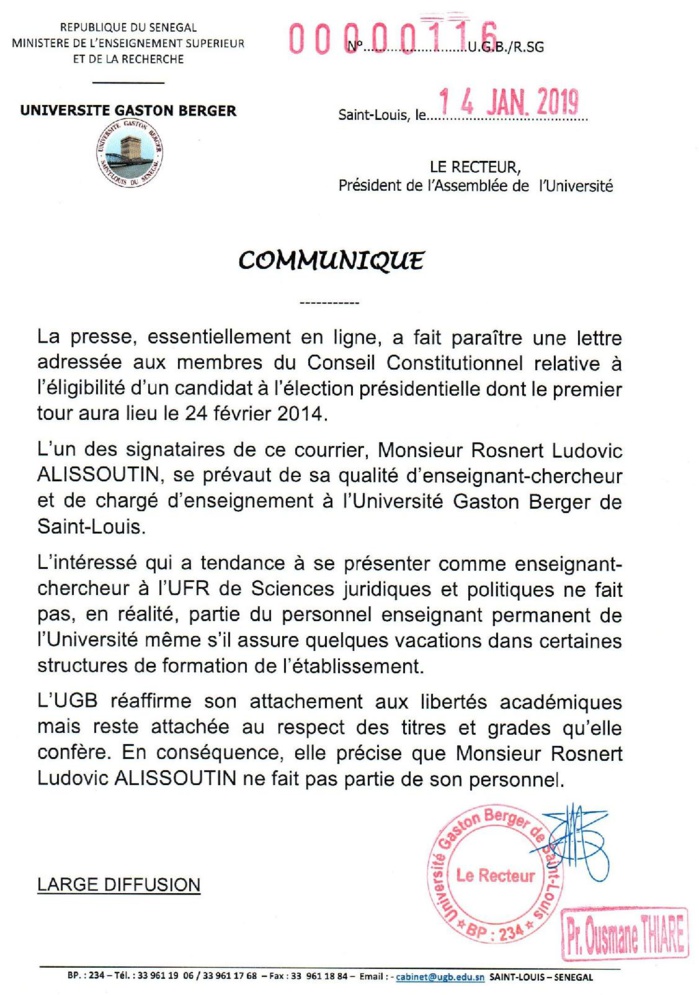 Précision de l'Université Gaston Berger (UGB) : Monsieur Rosnert Ludovic Alissoutin ne fait pas partie du personnel 