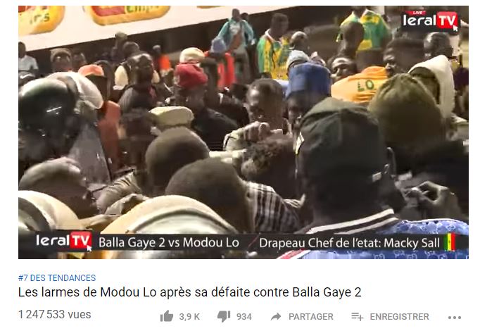 La vidéo de leral Tv  "les larmes de Modou Lo après sa défaite contre Balla Gaye 2" fait 1 million 247 mille  533 vues sur Youtube 